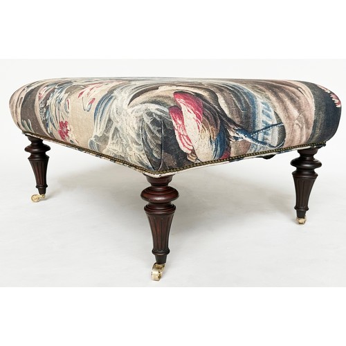 135 - HEARTH STOOL, rectangular French style tapestry print fabric on turned supports.