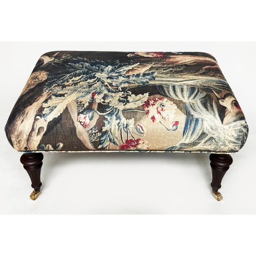 135 - HEARTH STOOL, rectangular French style tapestry print fabric on turned supports.