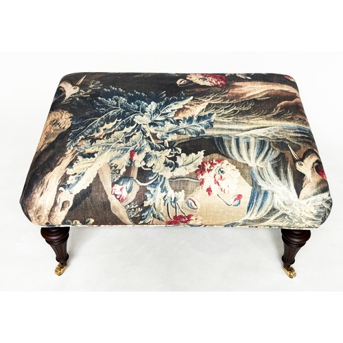 135 - HEARTH STOOL, rectangular French style tapestry print fabric on turned supports.