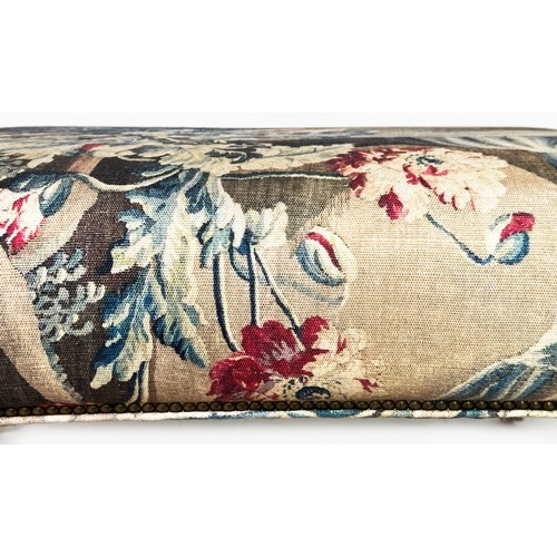 135 - HEARTH STOOL, rectangular French style tapestry print fabric on turned supports.