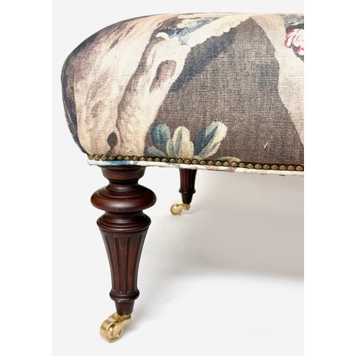 135 - HEARTH STOOL, rectangular French style tapestry print fabric on turned supports.