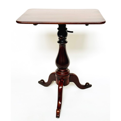 137 - TRIPOD TABLE, Victorian mahogany, rectangular with adjustable column, tilt action and curved tripod ... 