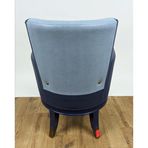 521 - DECCA ARMCHAIR, in two tone blue upholstery with blue lacquer supports, 61cm x 83cm H.