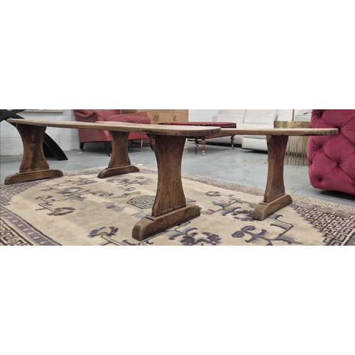 232 - BENCHES, a pair, 19th century French ash, each 21.5cm x 200cm x 48cm. (2)