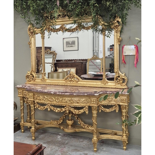 314 - CONSOLE TABLE, ornate gilt base with red marble top and matching gilt mirror, 242cm H x 199cm x 65cm... 