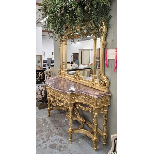 314 - CONSOLE TABLE, ornate gilt base with red marble top and matching gilt mirror, 242cm H x 199cm x 65cm... 