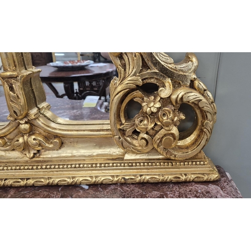 314 - CONSOLE TABLE, ornate gilt base with red marble top and matching gilt mirror, 242cm H x 199cm x 65cm... 