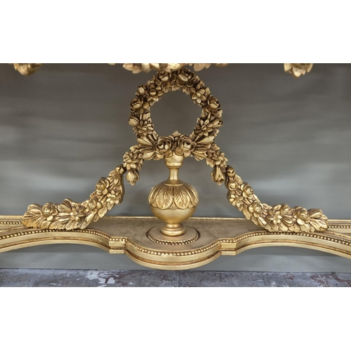 314 - CONSOLE TABLE, ornate gilt base with red marble top and matching gilt mirror, 242cm H x 199cm x 65cm... 