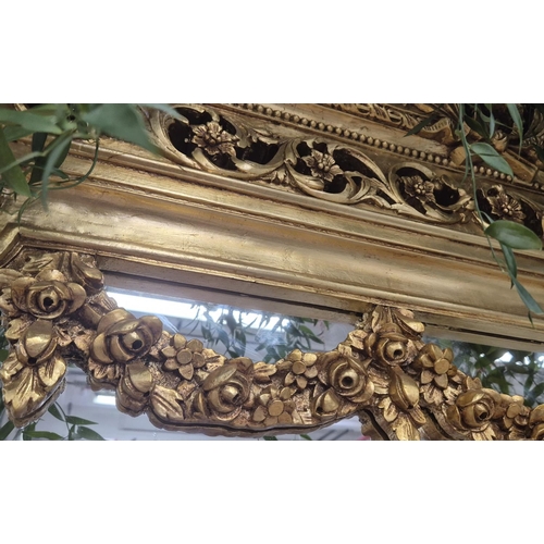 314 - CONSOLE TABLE, ornate gilt base with red marble top and matching gilt mirror, 242cm H x 199cm x 65cm... 