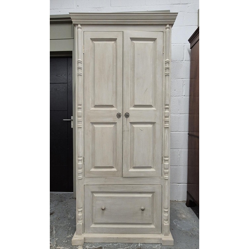 513 - WARDROBE, grey painted, two doors above deep pull out drawer to base, 89cm x 62cm x 196cm.