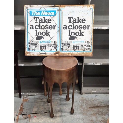 544 - SIDE TABLE WITH NEWS DISPLAY BOARD, 63cm high, 37cm diameter, abstract dripping design, gilt finish.