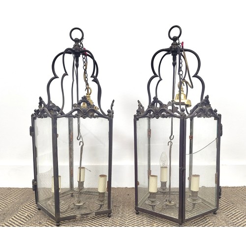 375 - HALL LANTERNS, a pair, each with three branch light, 69cm H approx not including chains and fixings.... 