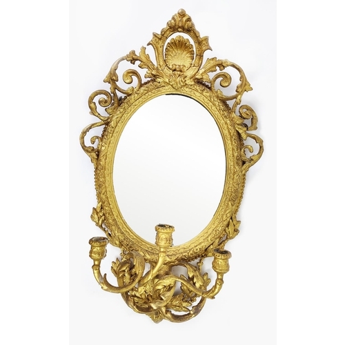 171 - GIRANDOLE, Napoleon III giltwood and gesso with oval plate and three candle sconces, 75cm H x 46cm W... 