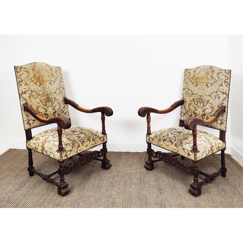 197 - FAUTEUILS, a pair, late 19th/early 20th century Louis XIV style oak with tapestry style seats and ba... 