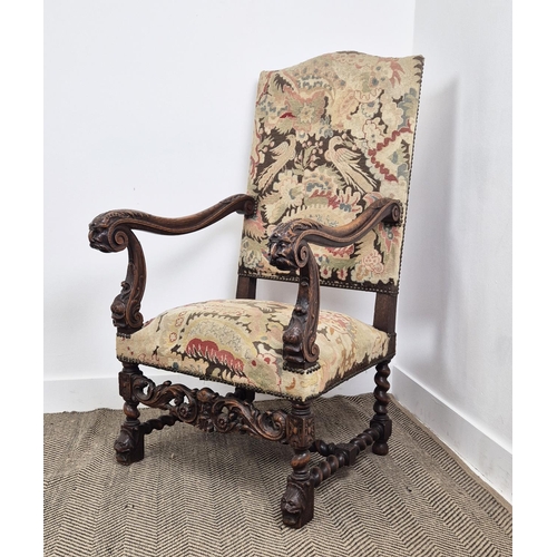 198 - FAUTEUIL, late 19th century Louis XIV style oak in gros and petit point needlework, 119cm H x 65cm W... 