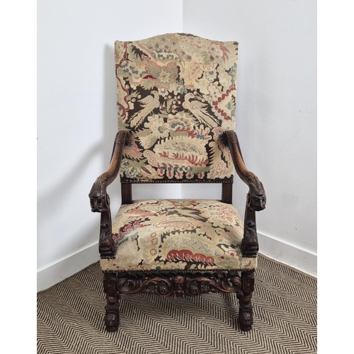 198 - FAUTEUIL, late 19th century Louis XIV style oak in gros and petit point needlework, 119cm H x 65cm W... 