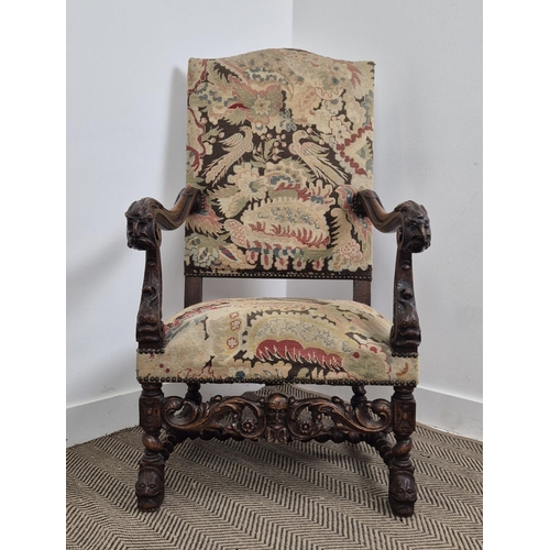 198 - FAUTEUIL, late 19th century Louis XIV style oak in gros and petit point needlework, 119cm H x 65cm W... 