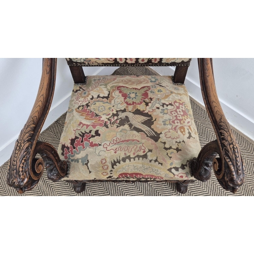 198 - FAUTEUIL, late 19th century Louis XIV style oak in gros and petit point needlework, 119cm H x 65cm W... 