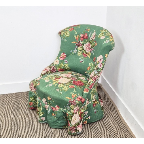 158 - SLIPPER  CHAIR, Napoleon III mahogany in green floral upholstery, 76cm H x 59cm x 71cm.