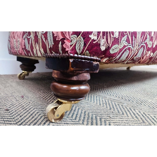 159 - CHESTERFIELD SOFA, Victorian style in maroon William and Morris patterned fabric on brass castors, 6... 