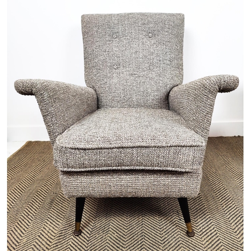 160 - ARMCHAIRS, a par, mid 20th century in grey fabric on brass capped ebonised legs, 83cm H x 78cm W x 9... 