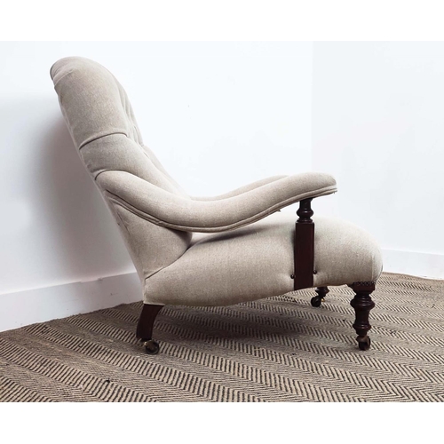 161 - ARMCHAIR, Victorian walnut in fawn linen on steel and brass castors, 78cm H x 67cm W x 92cm D.