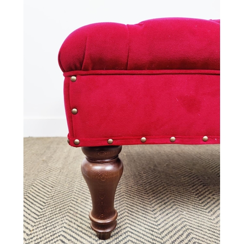 162 - HEARTH STOOL, rectangular buttoned red velvet, 43cm H x 113cm W x 74cm D.