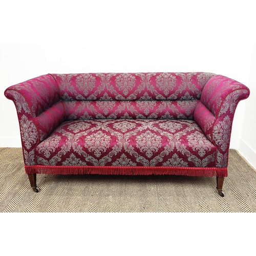 164 - DROP END SOFA, Edwardian mahogany and boxwood strong with burgundy patterned upholstery and castors,... 