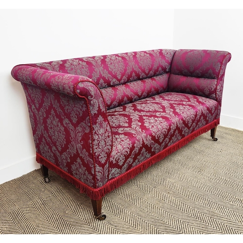 164 - DROP END SOFA, Edwardian mahogany and boxwood strong with burgundy patterned upholstery and castors,... 