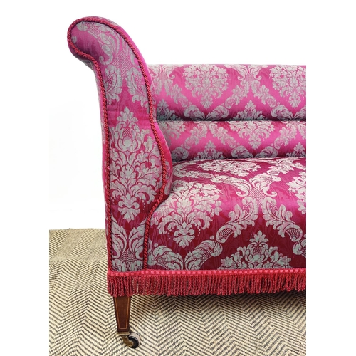 164 - DROP END SOFA, Edwardian mahogany and boxwood strong with burgundy patterned upholstery and castors,... 