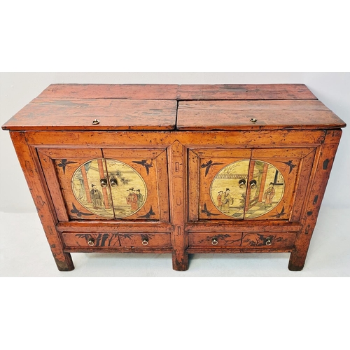 167 - CHINESE SIDEBOARD, red lacquered, with twin cupboard doors painted with figural scenes over four sho... 