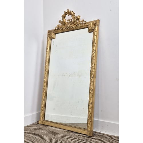 175 - PIER MIRROR, 19th century French giltwood and gesso with torch and quiver crested laurel leaf frame,... 