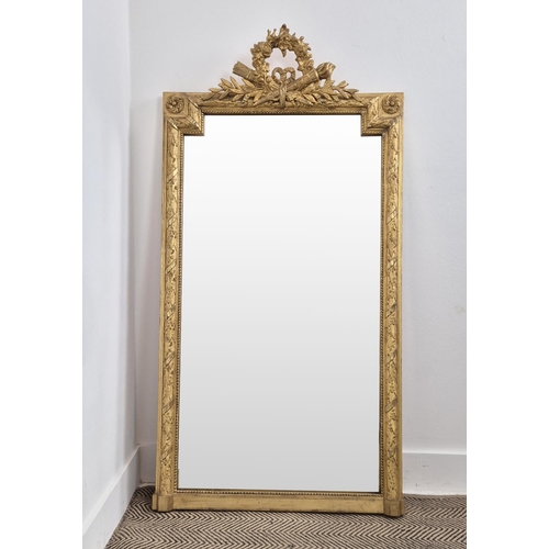 175 - PIER MIRROR, 19th century French giltwood and gesso with torch and quiver crested laurel leaf frame,... 