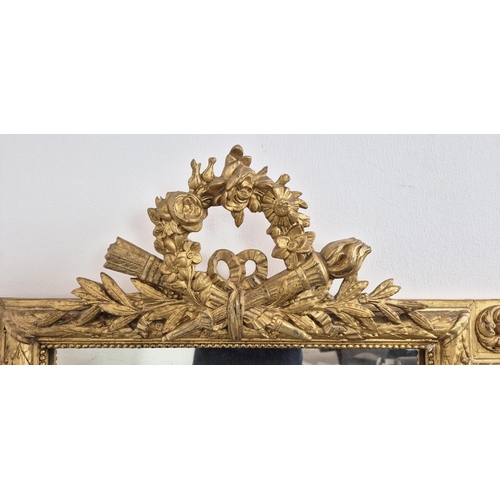 175 - PIER MIRROR, 19th century French giltwood and gesso with torch and quiver crested laurel leaf frame,... 