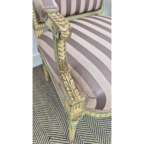 176 - FAUTEUILS, a pair, late 19th century French parcel gilt, cream and green painted with mauve striped ... 