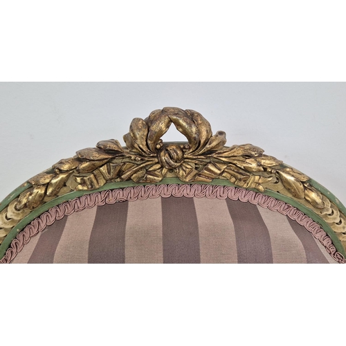 176 - FAUTEUILS, a pair, late 19th century French parcel gilt, cream and green painted with mauve striped ... 