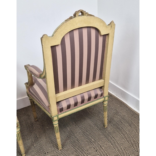 176 - FAUTEUILS, a pair, late 19th century French parcel gilt, cream and green painted with mauve striped ... 