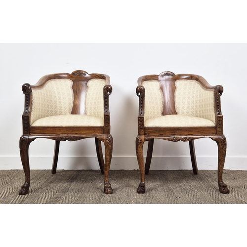 188 - TUB CHAIRS, a pair, circa 1930, walnut and simulated walnut with cabriole legs, cream upholstery, 86... 