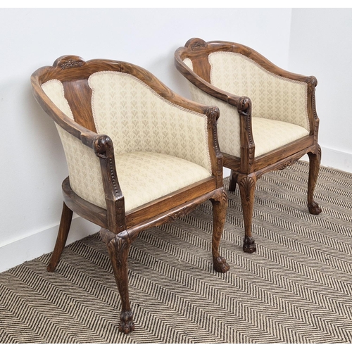 188 - TUB CHAIRS, a pair, circa 1930, walnut and simulated walnut with cabriole legs, cream upholstery, 86... 