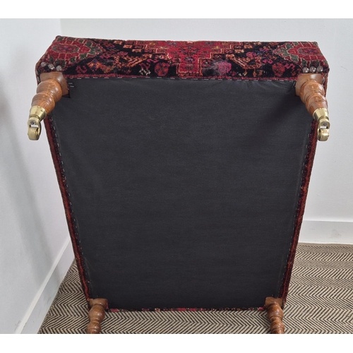 193 - HEARTH STOOL, rectangular red carpet upholstered on beech legs and brass castors, 43cm H x 105cm W x... 