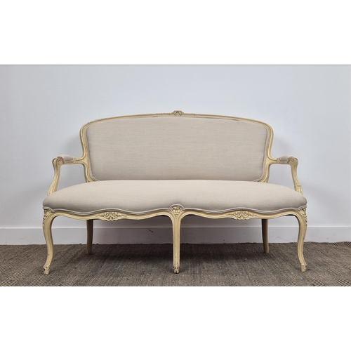 195 - CANAPE, Louis XV style cream painted in fawn upholstery, 92cm H x 136cm.