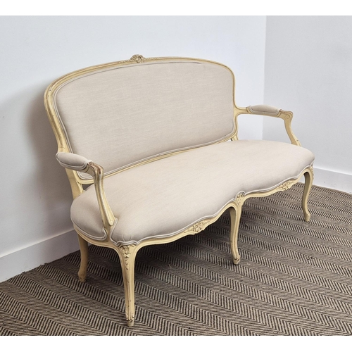 195 - CANAPE, Louis XV style cream painted in fawn upholstery, 92cm H x 136cm.