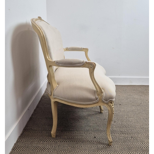 195 - CANAPE, Louis XV style cream painted in fawn upholstery, 92cm H x 136cm.