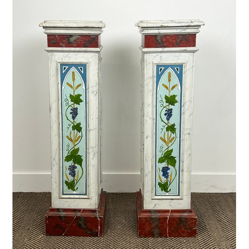 201 - PEDESTALS, a pair, painted faux marble with wheat sheaf and grape vine decoration, 101cm H x 27cm x ... 