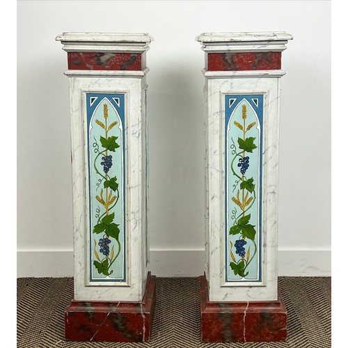 201 - PEDESTALS, a pair, painted faux marble with wheat sheaf and grape vine decoration, 101cm H x 27cm x ... 