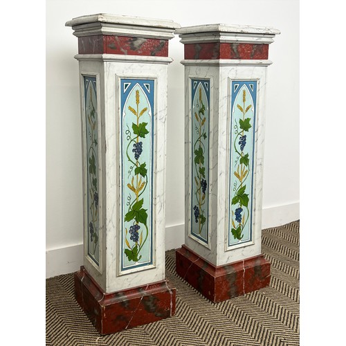 201 - PEDESTALS, a pair, painted faux marble with wheat sheaf and grape vine decoration, 101cm H x 27cm x ... 