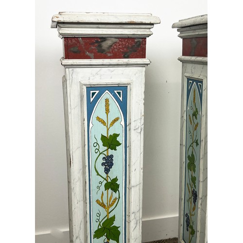 201 - PEDESTALS, a pair, painted faux marble with wheat sheaf and grape vine decoration, 101cm H x 27cm x ... 