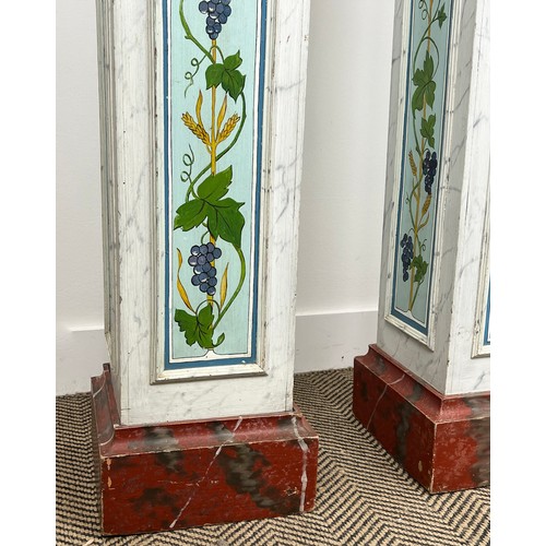 201 - PEDESTALS, a pair, painted faux marble with wheat sheaf and grape vine decoration, 101cm H x 27cm x ... 