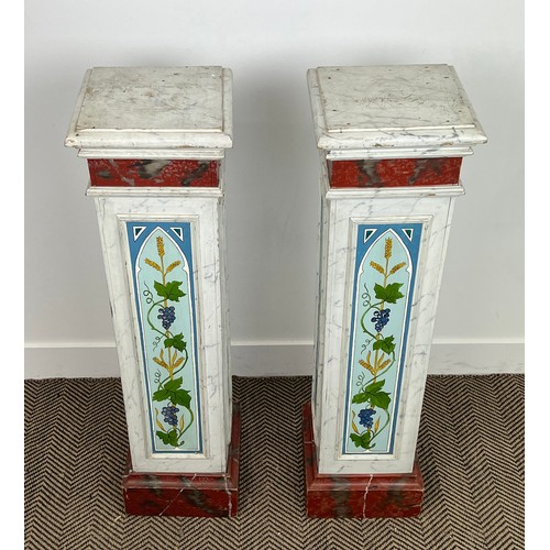 201 - PEDESTALS, a pair, painted faux marble with wheat sheaf and grape vine decoration, 101cm H x 27cm x ... 