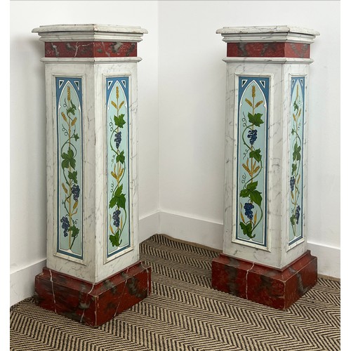 201 - PEDESTALS, a pair, painted faux marble with wheat sheaf and grape vine decoration, 101cm H x 27cm x ... 